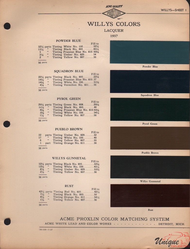 1937 Willys Paint Charts Acme